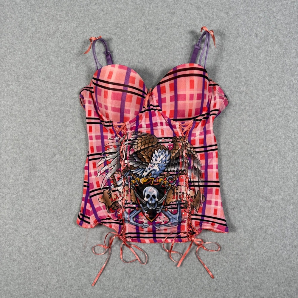 Vintage Rock Style Plaid Eagle Skull Rhinestone Corset Bustier Top Pink